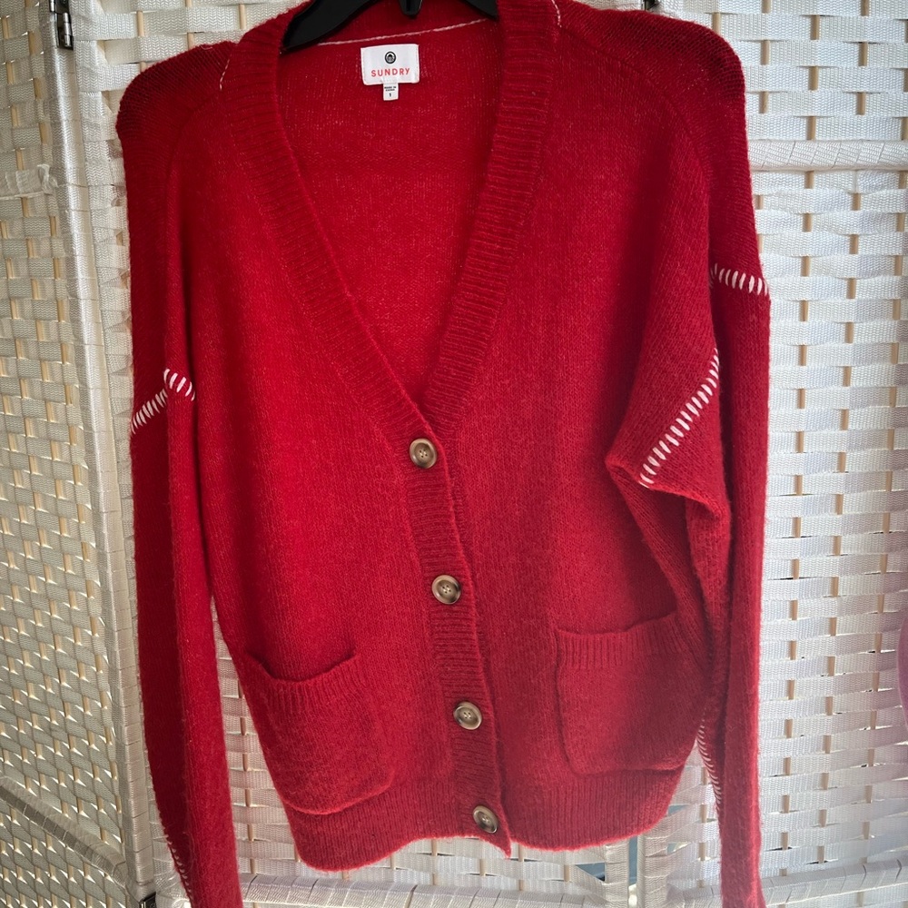 Sundry Red Cardigan Sweater V-Neck Relaxed Fit